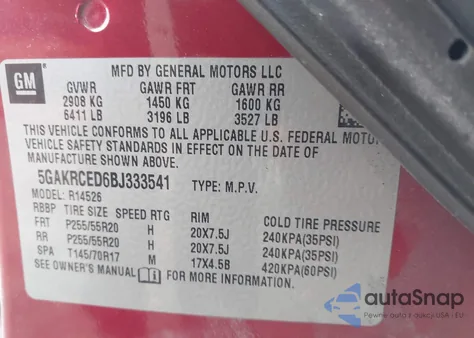 2011 Buick Enclave 2Xl from USA, damaged, VIN 5GAKRCED6BJ333541